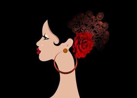 belo retrato mulher latina espanhola, penteados para menina de flamenco usando acessórios folclóricos peineta, flor rosa vermelha e brincos, vetor isolado em fundo preto