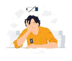 empregado cansado frustrado depois do trabalho tocando sua cabeça, sentindo-se absolutamente estressado e exausto por causa do excesso de trabalho, prazo, ilustração do conceito de cansaço vetor