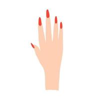 mão feminina com belo design de unhas na moda manicure. esmalte vermelho. símbolo de manicure. ilustração vetorial. para cartões, cartazes, adesivos e design profissional. vetor