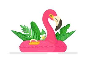 ilustração em vetor de um flamingo inflável isolado em um fundo branco. flamingo tropical. flutuador inflável rosa flamingo. folhas tropicais verdes no fundo.