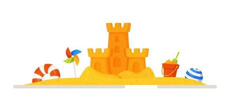ilustração em vetor de um castelo de areia em um castelo sandbox.sand com balde de brinquedo de uma criança e uma pequena bandeira vermelha em um estilo simples, isolado em um fundo branco. conceito de recreação de voo.