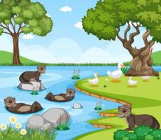 fundo de natureza floresta com animais selvagens vetor