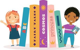 crianças com livros. menino e menina estão de pé perto de livros. livros para crianças e crianças. amo livros, amo ler. dia do livro infantil. cartaz para loja, loja, biblioteca. vetor