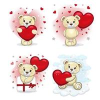 um conjunto de ursos de pelúcia fofos com corações vermelhos. lindo conjunto de ursinhos de pelúcia. ilustração de desenho vetorial para dia dos namorados ou aniversário. vetor