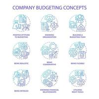 conjunto de ícones do conceito gradiente azul de orçamentação da empresa. plano financeiro para ilustrações de cores de linha fina de ideia de negócio. desenhos de contorno isolados. roboto-medium, inúmeras fontes pró-negrito usadas vetor