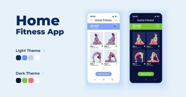 conjunto de modelos de vetor de interface de smartphone de desenho animado app fitness em casa. dia da página da tela do aplicativo móvel e design do modo escuro. ui de exercícios esportivos on-line para aplicação. visor do telefone com caractere plano