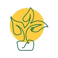 arte de linha de plantas decorativas verdes e ilustração de símbolo de ícone de vetor de design de logotipo de pôr do sol