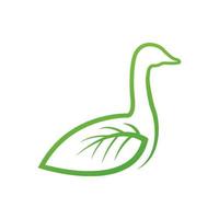 cisne ou ganso com design de logotipo de linha de asa verde folha vetor