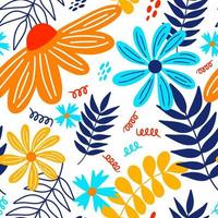 vetor mão desenhada verão sem costura padrão floral isolado no fundo branco. doodle folhas e flores. fundo tropical dos desenhos animados para design de casamento, embrulho, têxteis, ornamentado e cartões