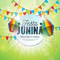 Ilustração de Festa Junina com bandeiras do partido e lanterna de papel no fundo verde brilhante. Vector Brazil June Festival Design