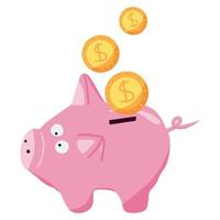 cofrinho rosa desenhado à mão com moedas de ouro. conceito de acumulação de dinheiro. vetor