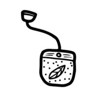saquinho de chá de contorno desenhado à mão com ícone de vetor de folha