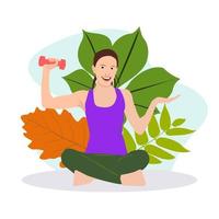 mulher meditando na natureza e nas folhas. ilustração do conceito de ioga, meditação, relaxamento, recreação, estilo de vida saudável. ilustração vetorial em estilo cartoon plana vetor