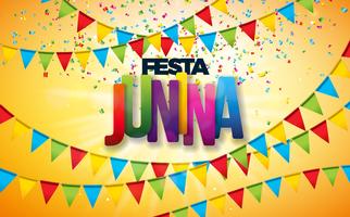 Ilustração de Festa Junina com bandeiras do partido, confetes coloridos e letra da tipografia no fundo amarelo. Vector Brazil June Festival Design