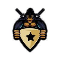 gorila com duas espadas e segurando um escudo, vetor de design de logotipo mascote com estilo de conceito de ilustração moderna para jogos, equipe, esporte ou esport