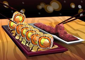 maki sushi e sashimi ilustração vetorial de comida oriental vetor