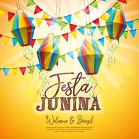 Ilustração de Festa Junina com bandeiras do partido e lanterna de papel no fundo amarelo. Vector Brazil June Festival Design
