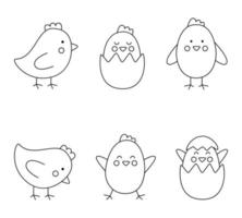 conjunto de galinhas de páscoa preto e branco bonito em estilo cartoon. vetor