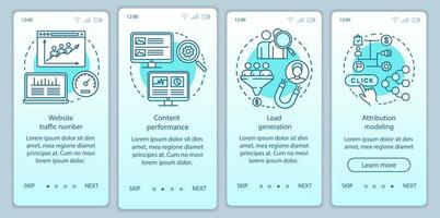 o marketing digital beneficia o modelo de vetor de tela de página de aplicativo móvel de integração de gradiente turquesa. Passo a passo do site com ilustrações lineares. ux, ui, gui conceito de interface de smartphone