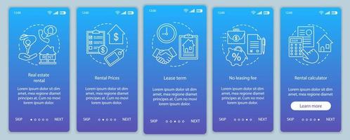 agência imobiliária onboarding tela de página de aplicativo móvel com aluguel de conceitos lineares.property. passos passo a passo de serviços de corretor de imóveis instruções gráficas. ux, ui, modelo de vetor gui com ilustrações