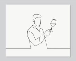 homem verificando a qualidade do vinho ilustração contínua de uma linha vetor