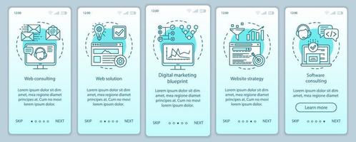 consultoria web onboarding modelo de vetor de tela de página de aplicativo móvel. marketing digital, estratégia de sites. Passo a passo do site com ilustrações lineares. ux, ui, gui conceito de interface de smartphone