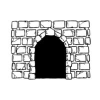 porta do castelo. entrada para a fortaleza de conto de fadas ou parede medieval de pedra. porta aberta de madeira. ilustração em preto e branco desenhada à mão dos desenhos animados vetor