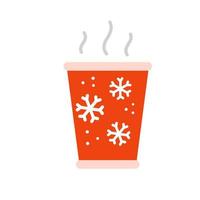bebida quente. vidro vermelho de inverno. vapor sobre o copo com padrão de natal e flocos de neve. ilustração plana vetor