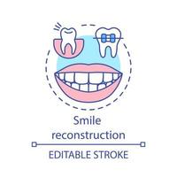 ícone do conceito de reconstrução do sorriso. Odontologia estética. remoção de placa e correção de mordida. clareamento dos dentes e aparelho idéia ilustração de linha fina. desenho de contorno isolado de vetor. traço editável vetor