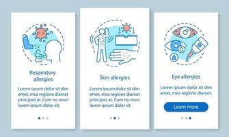 tipos de sintomas de alergia integrando a tela da página do aplicativo móvel com conceitos lineares. pele, olho, alergias respiratórias passo a passo instruções gráficas. ux, ui, modelo de vetor gui com ilustrações