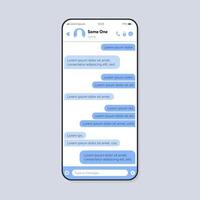 modelo de vetor de interface de smartphone de conversa de bate-papo. layout de design de cor de página de aplicativo móvel. tela de diálogo on-line. interface do usuário plana para aplicação. usuários de mensagens de texto, exibição de telefone de comunicação