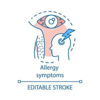 ícone do conceito de sintomas de alergia. reações do organismo a alérgenos ideia ilustração de linha fina. erupção cutânea, urticária, conjuntivite alérgica, enxaqueca. desenho de contorno isolado de vetor. traço editável vetor