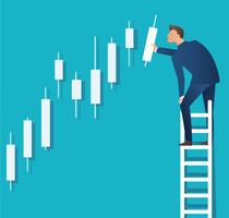 Ilustração em vetor conceito negócio de um homem na escada com fundo gráfico candlestick, conceito de mercado de ações
