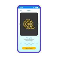 modelos de vetor de interface de smartphone reserva de ingressos de cinema. layout de design azul da página do aplicativo de cinema móvel. nome do filme, hora, tela de seleção de assentos. interface do usuário plana para aplicação. exibição de telefone de emissão de bilhetes online