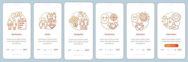 sentimentos de relacionamento integrando a tela da página do aplicativo móvel com conceitos lineares. satisfação, desejo, adoração passo a passo instruções gráficas. ux, ui, modelo de vetor gui com ilustrações