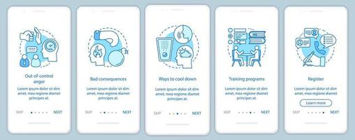 modelo de vetor de tela de página de aplicativo móvel de integração de gerenciamento de raiva. raiva descontrolada, maneiras de esfriar. Passo a passo do site com ilustrações lineares. ux, ui, gui conceito de interface de smartphone
