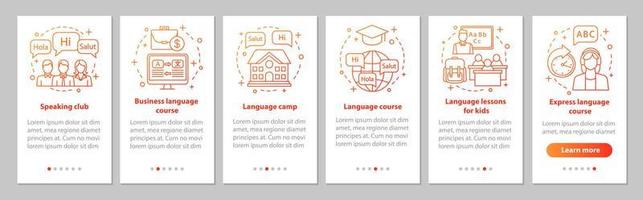 modelo de vetor de tela de página de aplicativo móvel de aprendizagem de idiomas. cursos expressos, acampamento de verão, aulas para crianças, negócios, passo a passo do clube de palestras. ux, ui, interface de smartphone gui