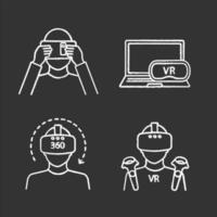 conjunto de ícones de giz de realidade virtual. papelão vr, players, fone de ouvido para computador, vídeo em 360 graus. ilustrações de quadro-negro vetoriais isolados vetor