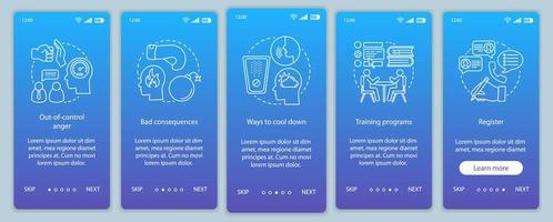 modelo de vetor de tela de página de aplicativo móvel de integração de gerenciamento de raiva. raiva descontrolada, maneiras de esfriar. Passo a passo do site com ilustrações lineares. ux, ui, gui conceito de interface de smartphone