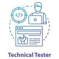 ícone do conceito de testador técnico. ilustração de linha fina de ideia de desenvolvimento de software. profissional de programação de aplicativos. análise de funções do sistema. é gerenciamento de projetos. desenho de contorno isolado de vetor