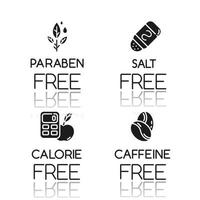 conjunto de ícones de glifo preto de sombra de ingrediente livre de produto. sem parabenos, sal, calorias, cafeína. alimentos saudáveis orgânicos. refeições de baixas calorias. dietético sem alérgenos. ilustrações vetoriais isoladas vetor