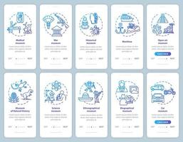 modelo de vetor de tela de página de aplicativo móvel de integração de exposição e museu. etnografia, biografia. Passo a passo do site com ilustrações lineares. ux, ui, gui conceito de interface de smartphone