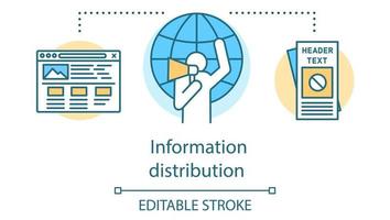 ícone do conceito de distribuição de informações. resistência pacífica, ilustração de linha fina de ideia de propaganda. ativista com megafone, folhetos e desenho de contorno isolado do vetor da janela do navegador. traço editável