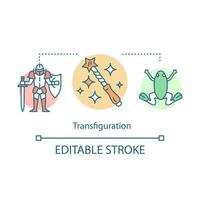 ícone do conceito de transfiguração. ilustração de linha fina de ideia de feitiçaria e feitiçaria. feitiço de alteração de aparência. varinha de feiticeiro, cavaleiro medieval e desenho de contorno isolado vector sapo. traço editável