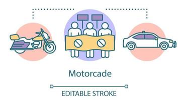 ícone do conceito de comitiva. veículos procissão idéia ilustração de linha fina. carro de polícia, motocicleta e manifestantes com cartazes vetoriais desenho de contorno isolado. transporte político. traço editável vetor