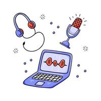 equipamento de podcast - laptop desenhado à mão, microfone e fones de ouvido. ilustração vetorial em estilo doodle vetor