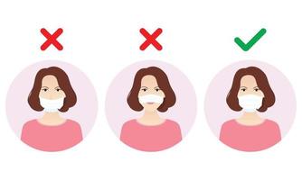 as mulheres estão mostrando a maneira errada e correta de usar máscaras de proteção facial para se proteger contra vírus, germes e poluição do ar. parar a infecção. conceito de cuidados de saúde. ilustração vetorial. vetor