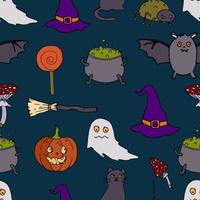 padrão sem emenda de vetor de halloween. fantasma, vassoura, gato, morcego, fundo de chapéu. textura colorida de férias para embrulho, papel de parede, têxtil, scrapbooking. ilustração vetorial desenhada à mão em estilo doodle