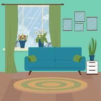 moderna sala de estar interior com sofá, janela e plantas. temporada de inverno com flocos de neve. ilustração vetorial de estoque. ilustração vetorial vetor