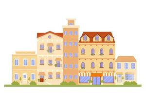 edifícios de rua em cores cinza em desenho vetorial. ilustração detalhada gráfica, vista panorâmica. edifícios elegantes, paisagem urbana. pode ser usado como banner, pôster, impressão. decoração criativa plana vetor